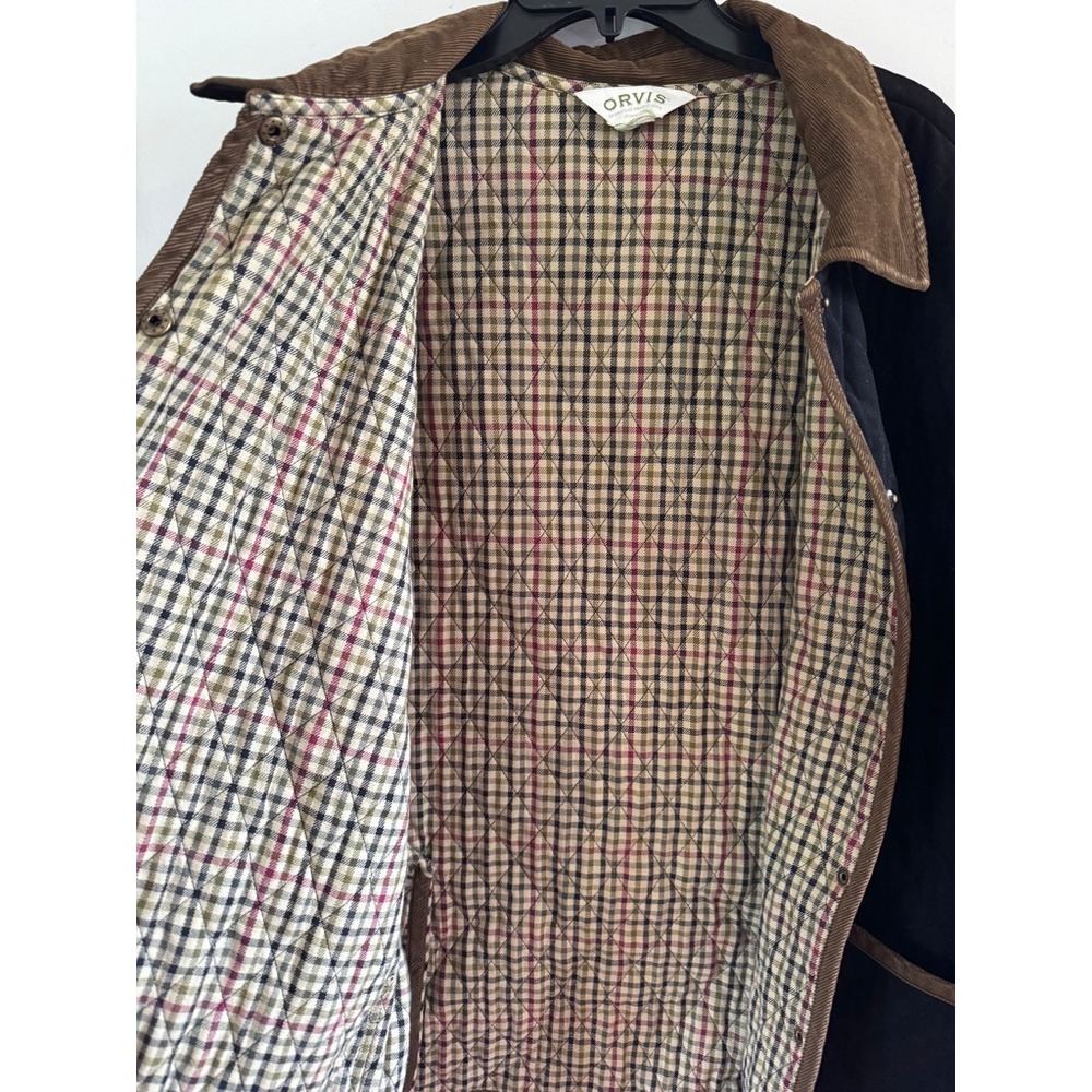 Vintage Orvis Quilted Barn Jacket Plaid Lined Black XL Corduroy Trim Chore Coat - Picture 4 of 8